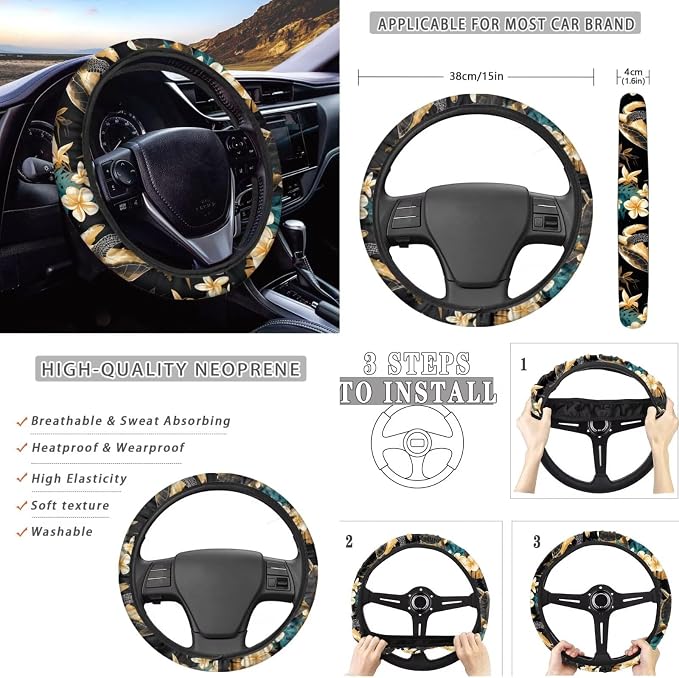 Howilath Sea Turtle Boho Floral Car Front Seat Covers Set Anti-Slip Auto Accessories with Keychain/Seatbelt Pads/Steering Wheel Cover/Armrest Cushion/Coasters, Easy to Install