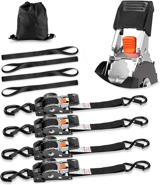 VEVOR Retractable Ratchet Straps, 1 in x 10 ft, Tie Down Straps with S Hooks, 1200 lbs Break Strength, 4 Soft Loops, Tie Down Ratcheting for Moving, Trailers, Motorcycles, Kayaks, Car Roof, 4 Pack