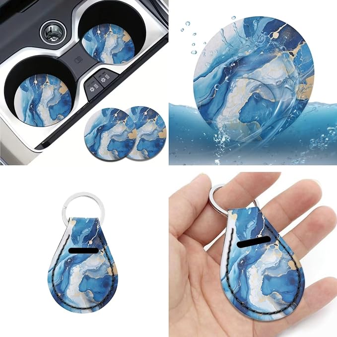 12 Pcs Blue Marble Automotive Seat Cover Interior Set with Marble Steering Wheel Cover Elastic,Cup Holder Coaster,Car Keychain,Seat Belt Cushion,Armrest Pad Universal Fit Cars