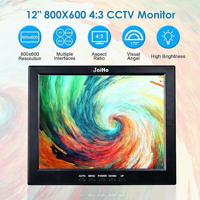 JaiHo 12-Inch 4:3 Security Monitor, 800x600 No Image Stretching CCTV Screen with Metal Housing, BNC HDMI VGA AV USB Input, Industrial Display with Built-in Speakers Remote Control & VESA Mount
