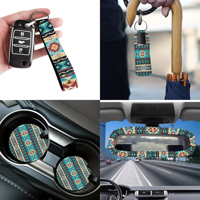 12 Pack Car Seat Covers Full Set Southwestern Aztec Tribal Steering Wheel Cover Seat Belt Pads Car Trash Can Coasters Rear View Mirror Cover Keychain Holder Keychains Accessories