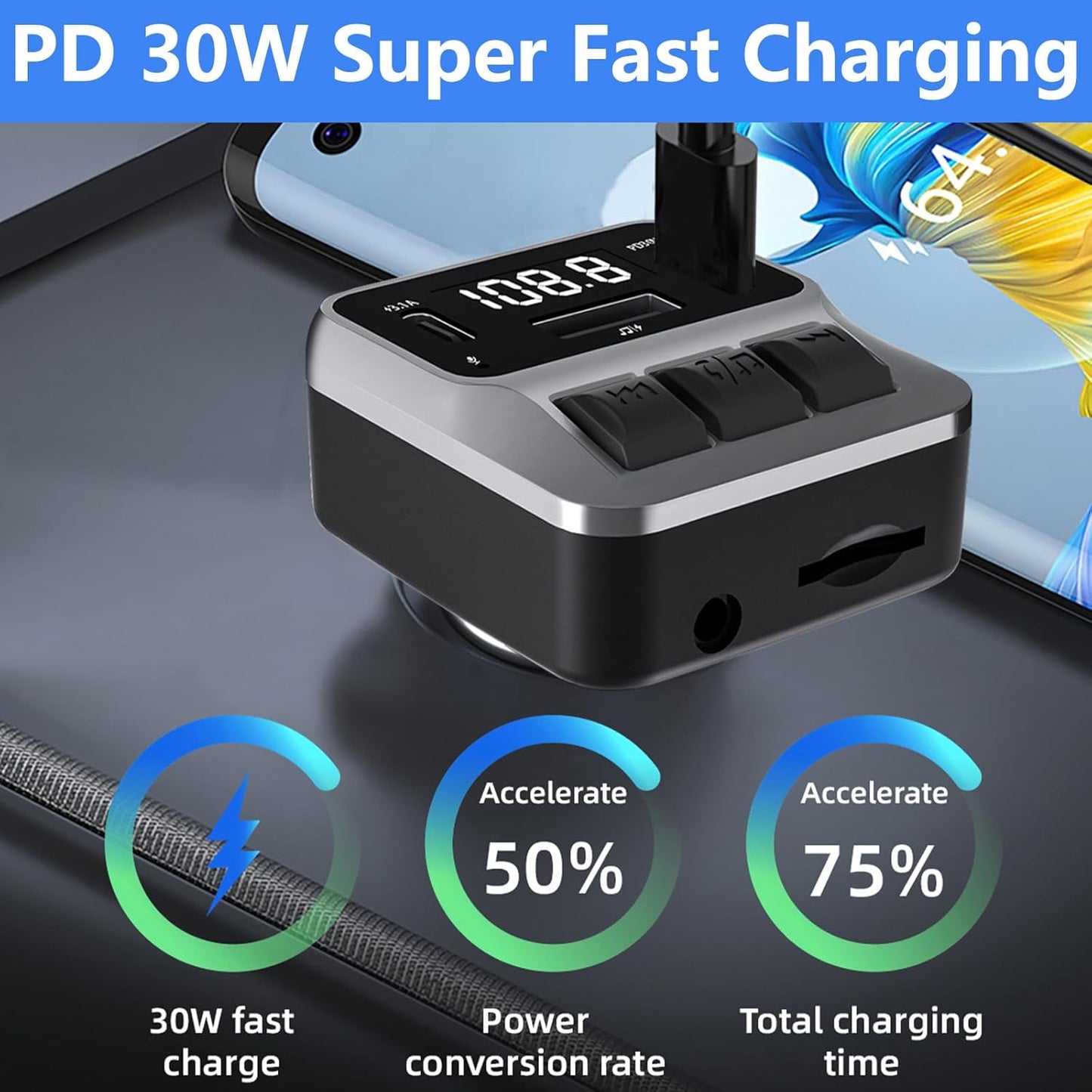 Bluetooth 5.3 FM Transmitter for Car, Bluetooth Car Adapter with Dual Type-C PD(30W) Charger Port and QC3.0 USB Port, Handsfree Calling and Audio Receiver, Support AUX, U Disk, TF Card