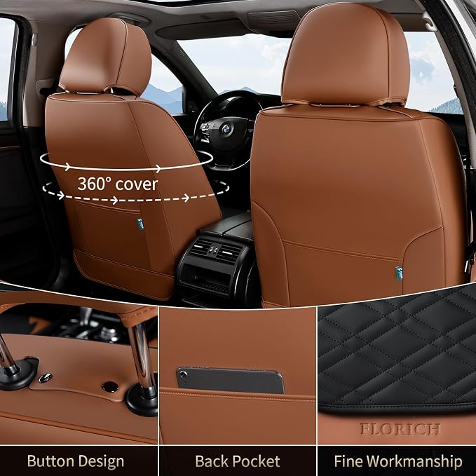 FLORICH Seat Covers, Front Seat Covers 2 PCs, Automotive Seat Cover for Cars, Luxury Leather Universal Seat Cover Accessories Fit for Most Cars SUV Truck Sedans(Brown)