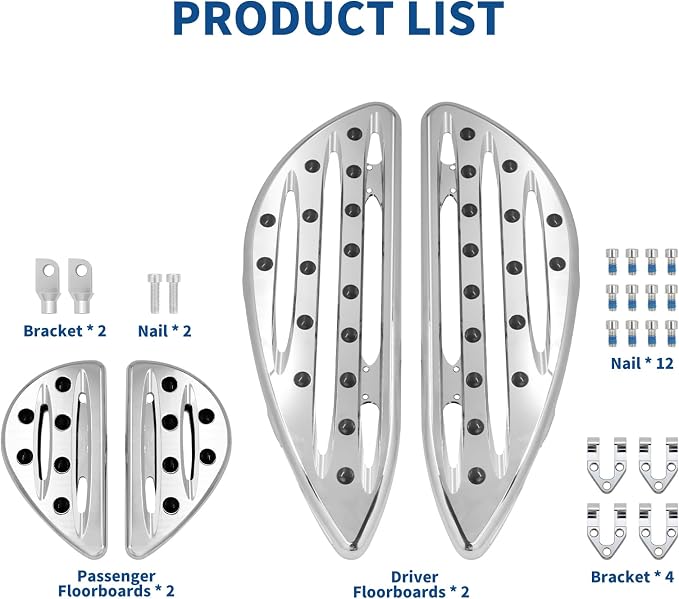 Motorcycle Floorboards Set Driver Front Footboards and Rear Passenger Foot Pegs Kit Hollow Striped Style Compatible with Harley Touring Road King Road Glide Electra Glide Street Glide (Chrome)