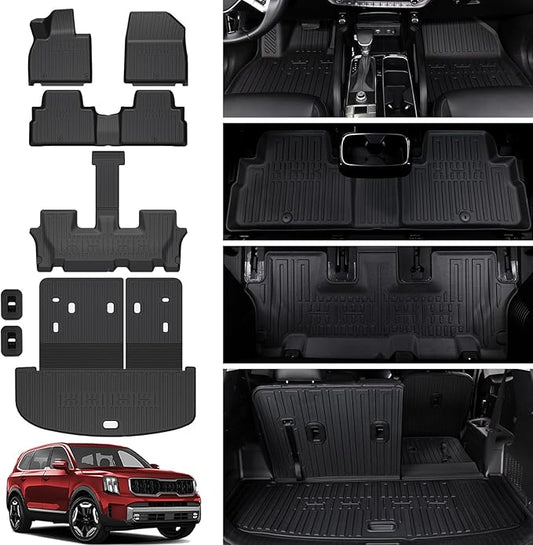 Floor Mats for 2020-2025 Kia Telluride 7/8 Passenger, All Weather TPE Durable Cargo Liner with Backrest Mat Interior Protection for 2025 Kia Telluride