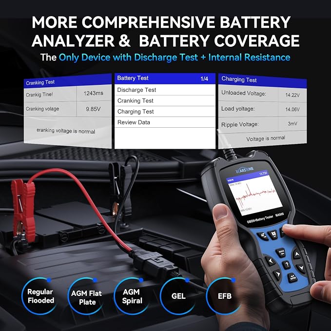 MA900 OBD2 Scanner + Battery Tester 2 in 1,Code Reader Check Engine Diagnostic Scan Tool, 6V-12V-24V 100-2000CCA Battery Test Tool with Charging & Cranking Test for All Car, Motorcycle, Yacht