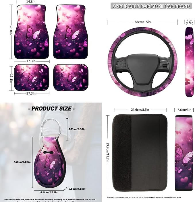 Pink Butterfly Car Seat Covers Full Set with Steering Wheel Cover Floor Mats Seat Belt Pads Armrest Pad Roof Handle Wraps Keychain Cup Coaster Auto Interior Accessories Set of 18