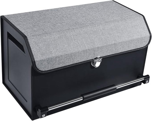 Car Trunk Organizer, Leather Trunk Organizer with Push-pull Handle and Lid Car Trunk Storage Organizer for SUV, Minivan, Truck (Grey, 20.47 x 11.42 x 12.2in)