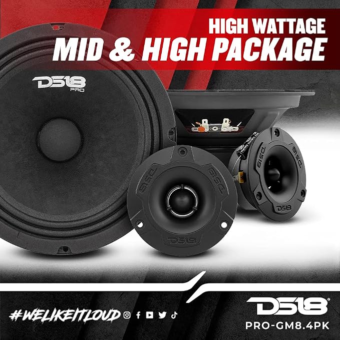 DS18 PRO-GM8.4PK Mid and High Complete Package - Includes 2X Midrange Loudspeaker 8" and 2X Aluminum Super Bullet Tweeter 1" Built in Crossover - Door Speakers for Car or Truck Stereo Sound System