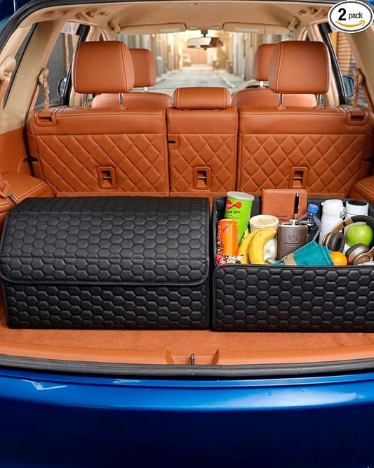 Owleys Car Storage Organizer Bundle - Two Foldable Crates For Groceries, Gear & Trips - Durable SUV And Truck Storage Set - Thoughtful Birthday Gifts For Drivers (Black 17+21)
