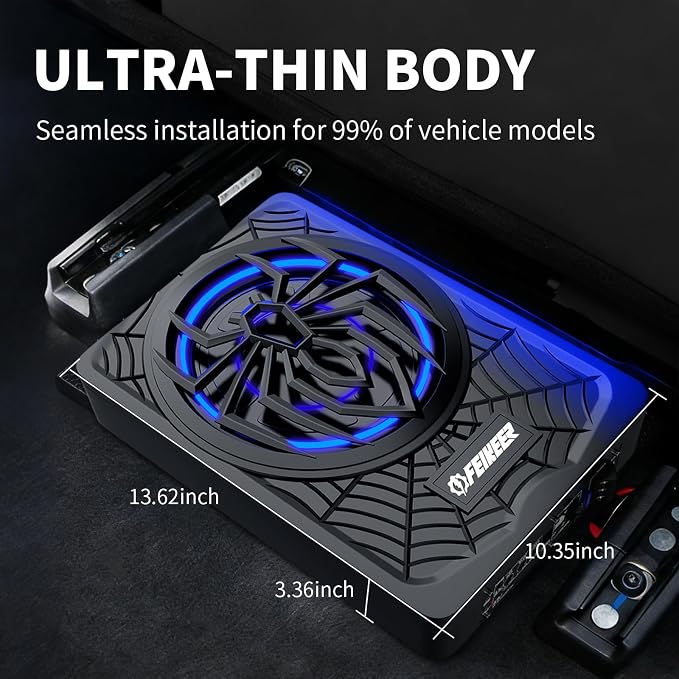 Feikeer 10" 1200W Under Seat Subwoofers with Amp,Slim Underseat Car Subwoofer and Amp Package, Individual Control for Low Pass/Gain/Boost Bass.Deep Bass Perfect for Truck/SUV/Jeep/MPV,Blue LED