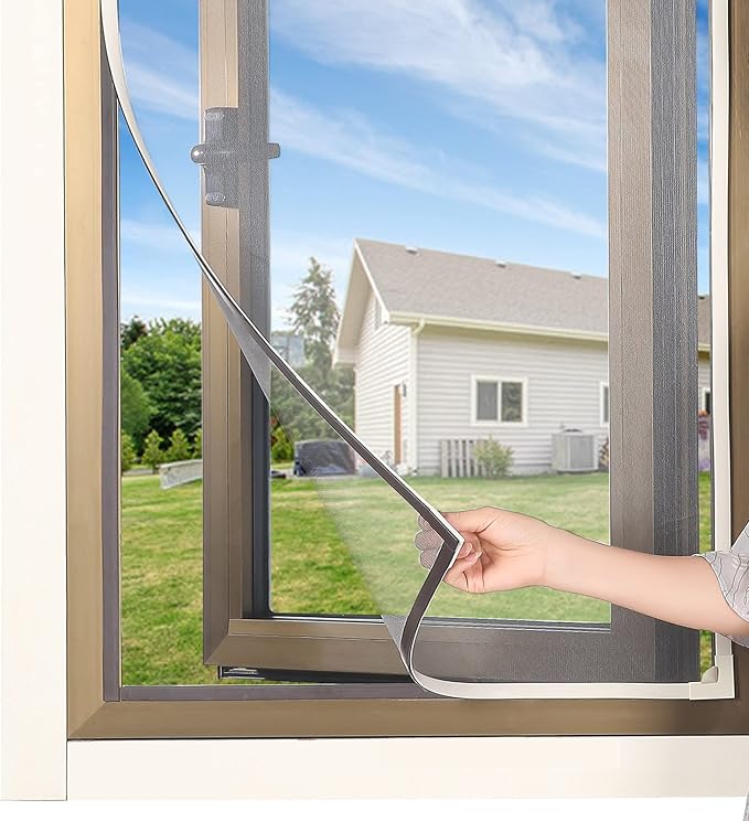 Magnetic Window Screen DIY Adjustable Window Mesh Screen Replacement Window Net Fits up to 59"x 61" White Frames with Fiberglass Mesh