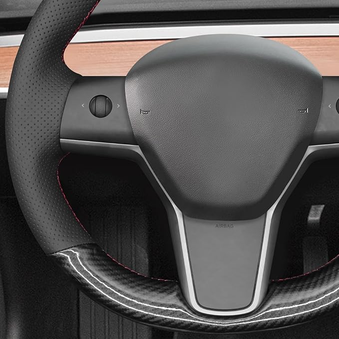 MEWANT Hand Stitch Shiny PU Carbon Fiber Faux Leather Steering Wheel Cover for Tesla Model Y 2020-2023 Model 3 2017-2023
