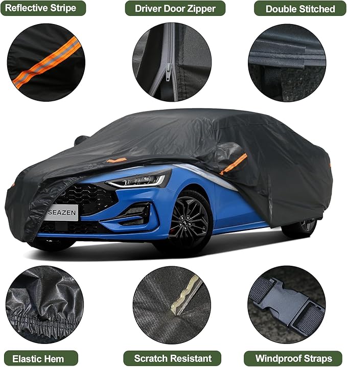 SEAZEN 7 Layers Car Cover Waterproof All Weather, Heavy Duty Car Cover for Automobiles with Zipper Full Exterior Cover Outdoor UV Snow Wind Protection, Universal Full Car Cover for Sedan Up to 200"