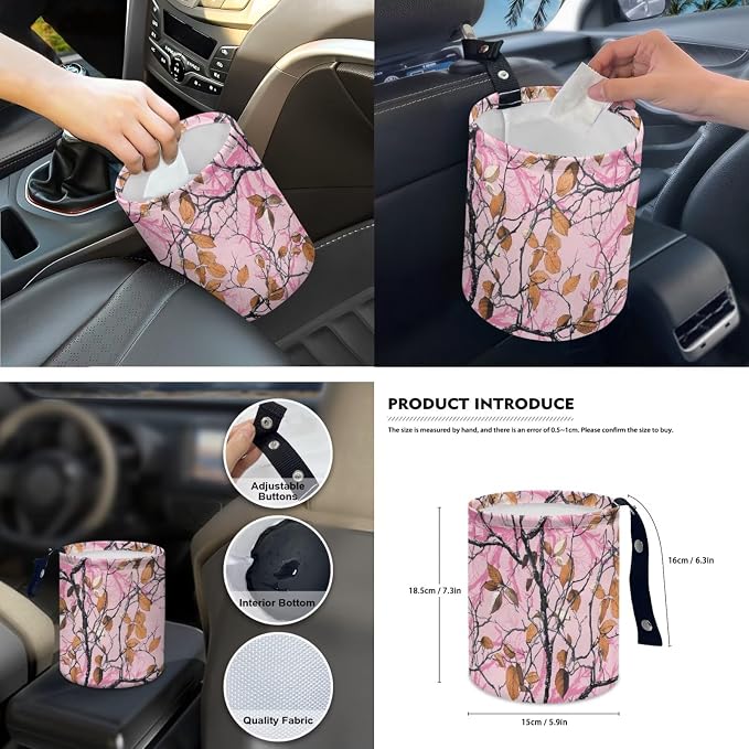Pink Auto Interior Accessories Camo Leaves Car Seat Covers with Auto Steering Wheel Cover Seat Belt Covers Car Trash Can View Mirror Cover Coaster Keychains