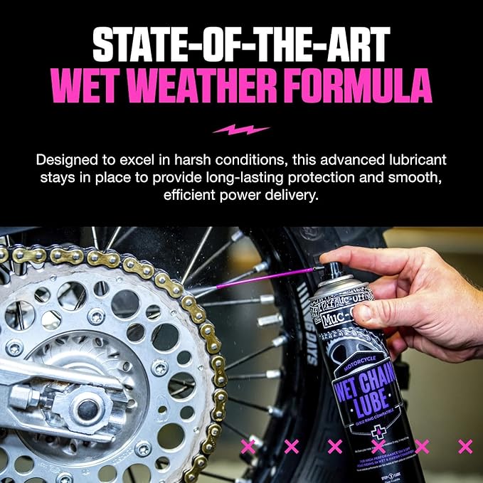 Muc Off Wet Motorcycle Chain Lube, 400 Milliliters - Premium Motorbike Chain Lubricant Spray - Formulated for Wet Weather Conditions