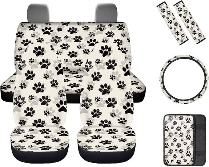 Dog Paw Print Car Seat Covers Full Set with Car Steering Wheel Cover Auto Center Console Pad Cover Seat Belt Pads 8 Pcs Automotive Interior Accessories Set for Women