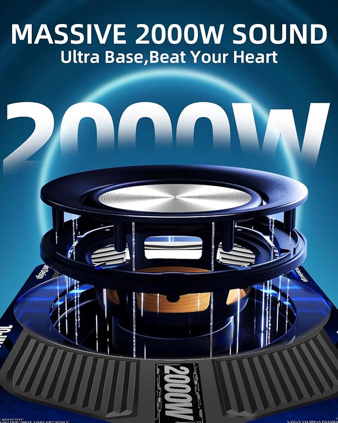 2000W 10 Inch Underseat Car Subwoofer and Amp Package, Slim Powered Under Seat Sub with Built-in Class D Amp and DSP, Blue LED Switch, Low Pass Filter, Bass Boost for Truck SUV