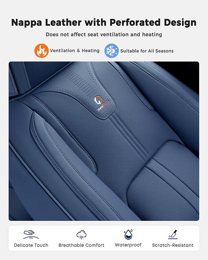 Huidasource Blue Front Seat Cover Luxury Nappa Leather, Front Car Seat Covers with Airbag, Front Storage Pocket, Lumbar Support, Cooling＆Heating, Seat Cover Universal Fit for Most Cars SUV Trucks Blue