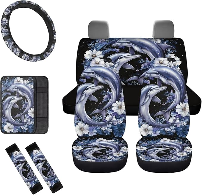 8 Pcs Floral Dolphin Car Seat Covers Full Set Car Accessories for Women Front Seat Cover Steering Wheel Armrest Cover Seat Belt Cover for Auto SUV Interior Decoration