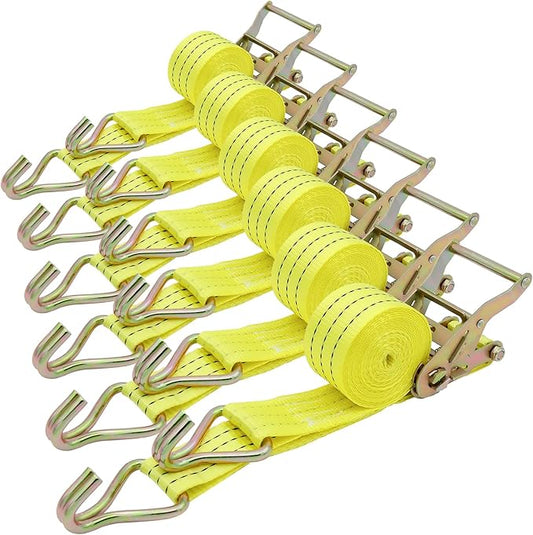6 Pack 2" x 15' Heavy Duty Ratchet Straps - 4500LBS Break Strength - Tie Down Straps with J-Hooks for Trucks, Trailers, Motorcycles, and Cargo（Yellow）