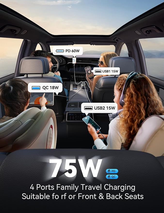 75W Car Charger USB C, 4 Port Super Fast Cigarette Lighter USB Charger, Type C 60W & QC 3.0 Multiport Car Phone Adapter Accessories for iPhone 17/16/15/14/13/12 Pro Samsung S26 Series, Titanium