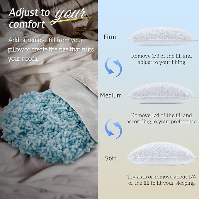 BETU Standard Pillow, Cooling Shredded Memory Foam Pillow for Hot Sleepers College Dorm Room Essentials, Adjustable Firm Gel Cool Pillow for Back Pain and Side Sleeping, Birthday Gifts for Boyfriend