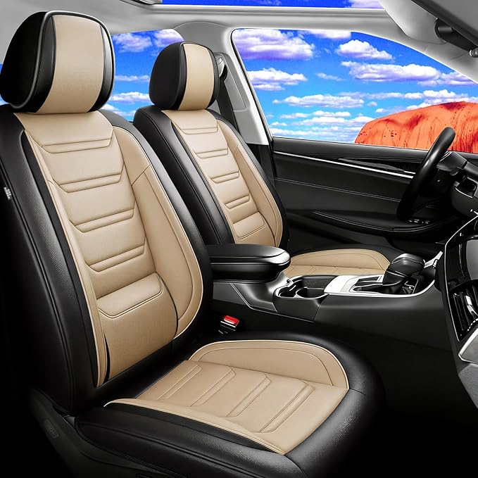 Fit XT5 Car Seat Covers for Select Cadillac XT5 2017-2026, Premium Full Coverage Leather, Airbag Compatible & Scratch-Resistant, Waterproof & All Weather Seat Protector, Front Pair Black+Beige