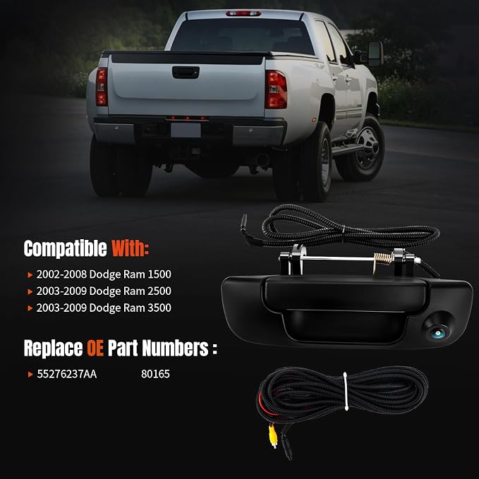 LCWRGS Tailgate Handle with Backup Camera Fits for 2002-2009 Dodge Ram | OE# 55276237AA Reverse Parking Assist Camera Night Vision, Wide-angle, Waterproof