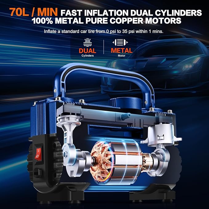GSPSCN 6X Faster Inflation Tire Inflator Heavy Duty Double Cylinders with Portable Bag- Car Accessories，Metal 12V Air Compressor Pump 150PSI with Adapter for Car, Truck, SUV Tires, Dinghy, Air Bed