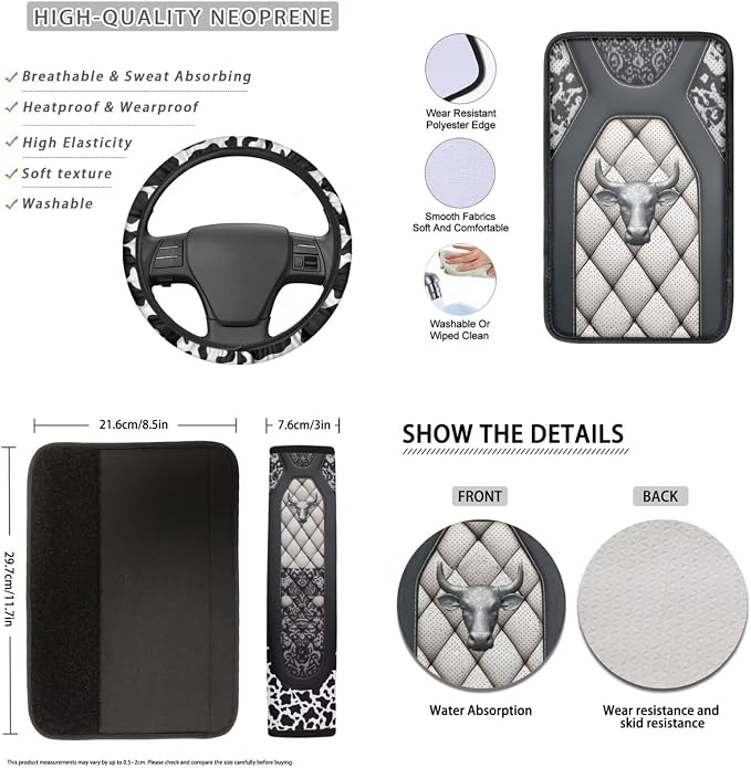 Lotusorchid Cow Print Seat Covers for Cars Full Set of 16, Washable Front and Rear Split Bench Seat Cover and Steering Wheel Cover, Decorative Automobile Interior Set for Men Women