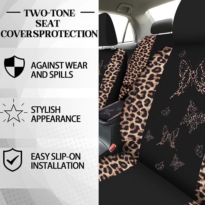 BBTO 47 Pcs Car Seat Full Set Car Accessories for Women 5 Front Rear Seat Covers Wrist Strap 2 Pieces Cup Mat Armrest Pad 2 Belt Cover Accessories for SUV(Leopard Print)