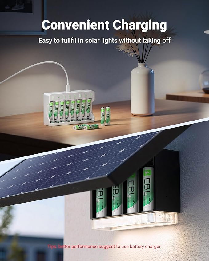 EBL Rechargeable AAA Batteries AAA Solar Battery for Outdoor Solar Lights Garden Light Replacement 1.2V 600mAh Battery AAA Size - 20 Packs