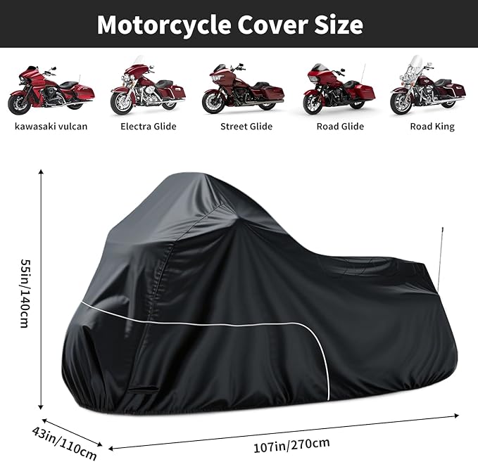Motorcycle Cover fits for Harley Davidson Road King Road Glide Electra Glide Low Rider-ST HD Goldwing, All Weather Cruiser Motorcycle Cover, Black