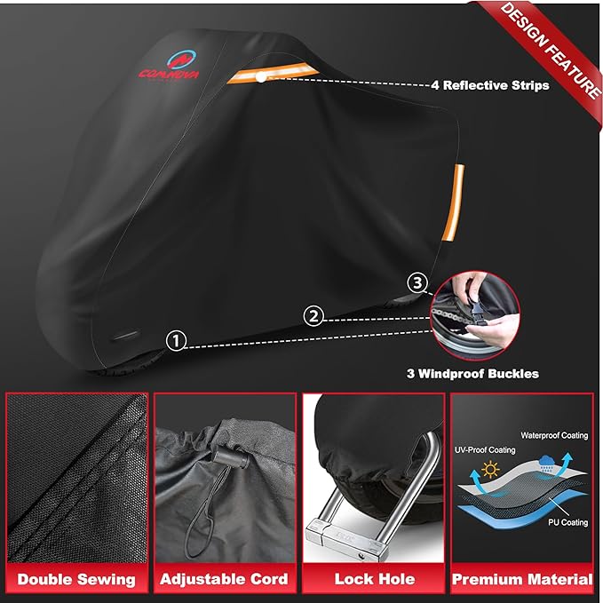 Comnova Motorcycle Cover 108 Inch - 600D Waterproof Outdoor Motorcycle Cover with Lock Hole, Powersports Vehicle Covers with All-Season Protection for Motorcycles
