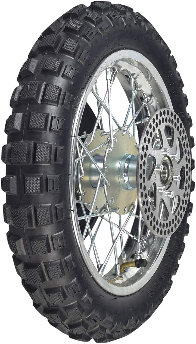 AlveyTech Rear Wheel Assembly for Razor MX500 and MX650 Dirt Rocket Bike - Replacement Kit with 2.5-10 Knobby Tread Tire, Inner Tube, Rim, Axle, Brake Rotor, 80 Tooth Sprocket, Freewheel, Chain Guard