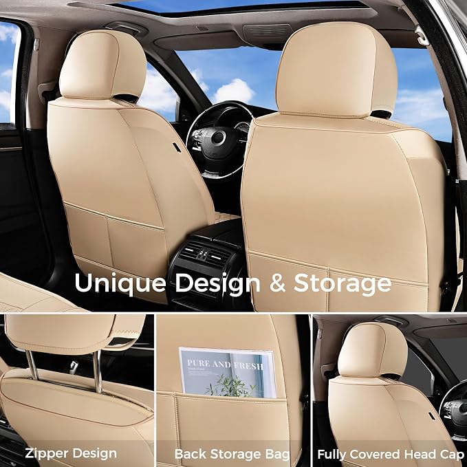 Huidasource Seat Covers for Car, Beige Car Seat Covers, Front and Split Rear Bench Seat Covers, Leather Seat Cushion Cover Protector Universal Fit for Most Cars,Vans,Trucks, SUVs (Full Set/Beige)