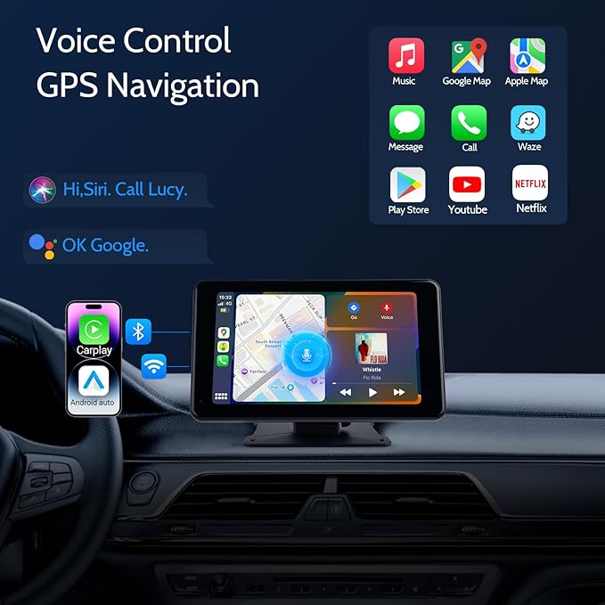 Haudio Portable Wireless Carplay Car Stereo, 7 inch HD Touchscreen for All Vehicles,with Apple CarPlay & Android Auto with Backup Camera/Mirror Link/Voice Control/Bluetooth/GPS/AUX/FM Satellite Radio