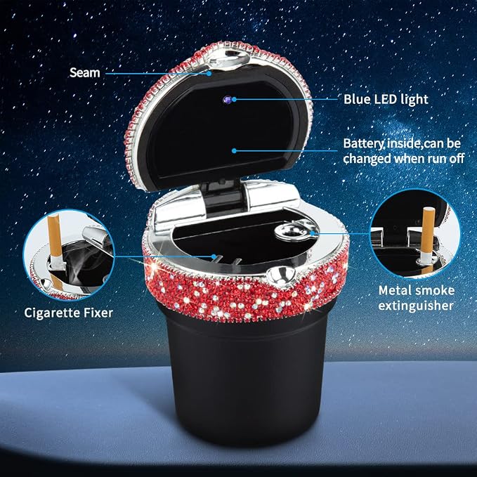 eing Car Ashtray Portable Bling Cigarette Smokeless Cylinder Cup Holder with Blue LED Light Indicator and 2 Replacement Batteries,Car Accessories for Women,Ideal for Car,Home and Office,1-Pack Red