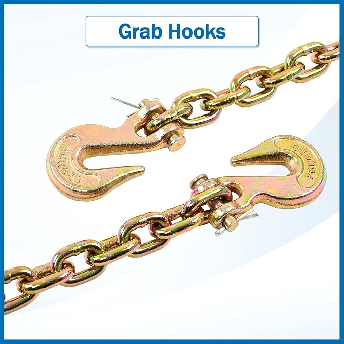5/16 Inch x 12 Feet Transport Binder Chain G80 Safey Tow Chain with Grab Hooks 4900 Lbs Safe Work Load for Transporting Towing Tie Down Binding Equipment