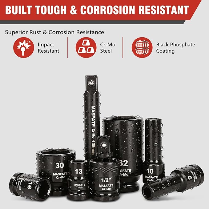 1/2" Impact Socket Set 40PCS, Metric Shallow & Deep 8-32mm | CR-MO Steel,6-Point Design,includes Extension Bars & U-Joint. Ideal heavy-duty kit for car and truck lug nut repair