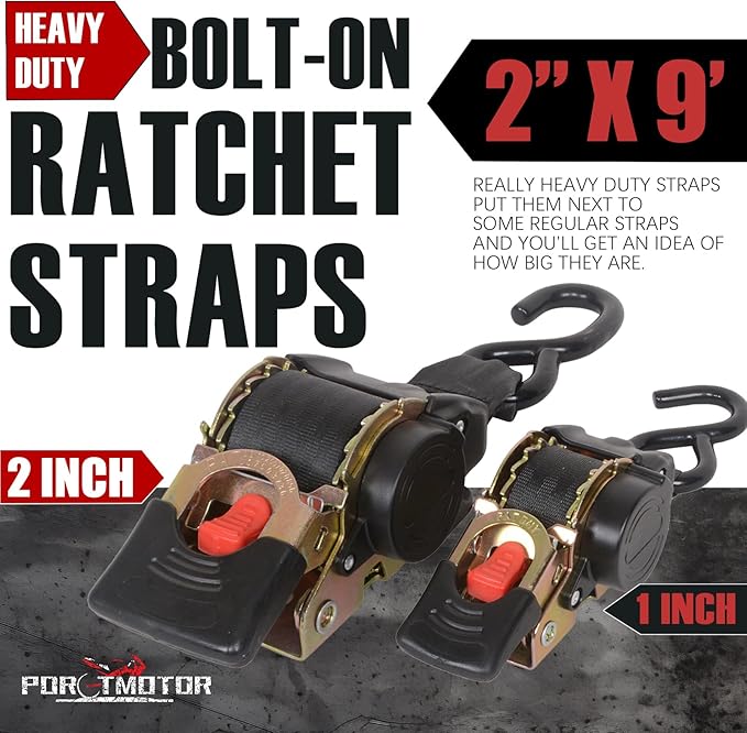 2 Pack Bolt-On Retractable Ratchet Straps (2" x9'), 3000LBS Break Strength Ratchet Tie Down Straps Heavy Duty Auto Retracting Ratchet Straps for Motorcycle, Trailers, Boats, ATVs, UTVs