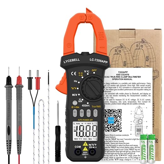 6000 Counts Clamp Meter & Bluetooth, Digital AC DC Voltage Current Amp Ohm Meter TRMS NCV Detector, Clamp Multimeter for Resistance Diode Continuity Temperature Car Electrical Tester 7200-APP