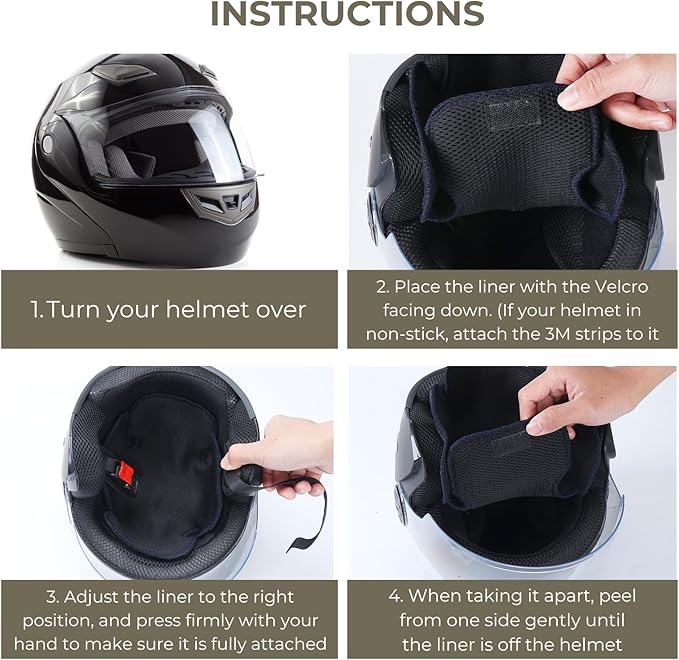 Motorcycle Helmet Liner – Anti-Sweat, Cooling & Reusable. Absorbs Sweat, Prevents Odor & Stains. Easy Hook & Loop Fit for Helmets: Skateboard, Hockey & Bike