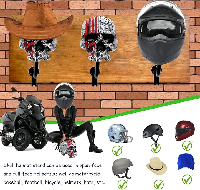 Motorcycle Helmet Rack Wall Mount,Red Skull Helmet Holder Wall Mount with 2 Hooks Helmet Hanger for Coats, Caps, Baseballs and Rugby Helmet,Motorcycle Accessories