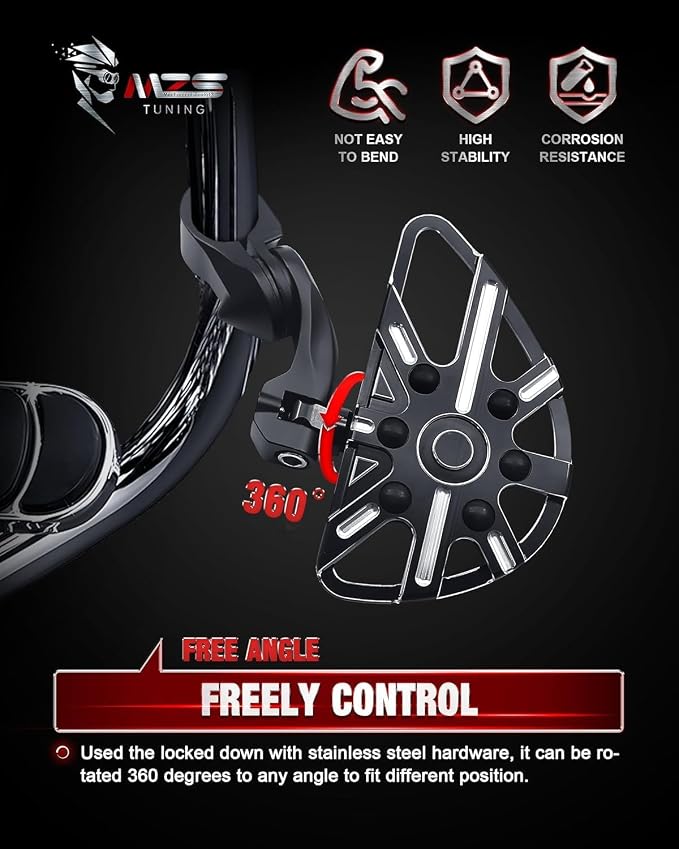MZS Motorcycle Highway Pegs, 1.25" Adjustable Short Angled Wide Foot Peg Black Compatible with Softail Sportster Electra Road King Street Glide Vulcan VTX V Star Boulevard for 1 1/4 Engine Guards