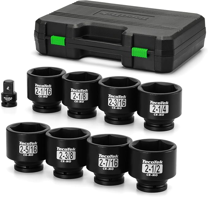 TecoTek 3/4" Drive 6-Point Impact Socket Set, 9-Piece Jumbo Assortment, Cr-Mo, SAE, 2-1/16 Inch to 2-1/2 Inch, 1/2" F to 3/4" M Impact Socket Adapter