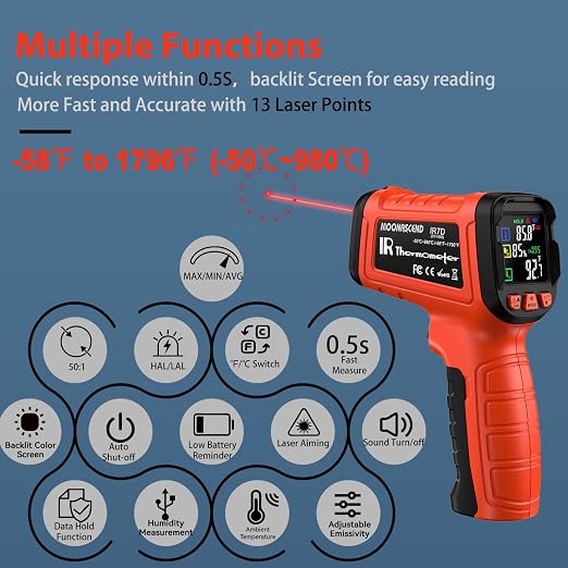 Infrared Thermometer Gun, -58°F to 1796°F, Dual-Mode 16:1 | Surface & Internal Temperature Reading，Humidity Display，Ideal for HVAC, Cooking & Home Inspection