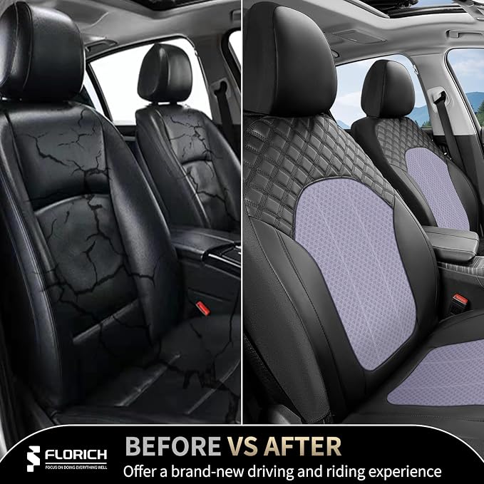 FLORICH Purple Seat Covers for Cars Front Seats Cover Mesh Leather Car Seat Covers Automotive Comfort & Protection Airbag-Compatible Spill-Proof Interior Cover Fit for Most Car SUV Truck, Black&Purple