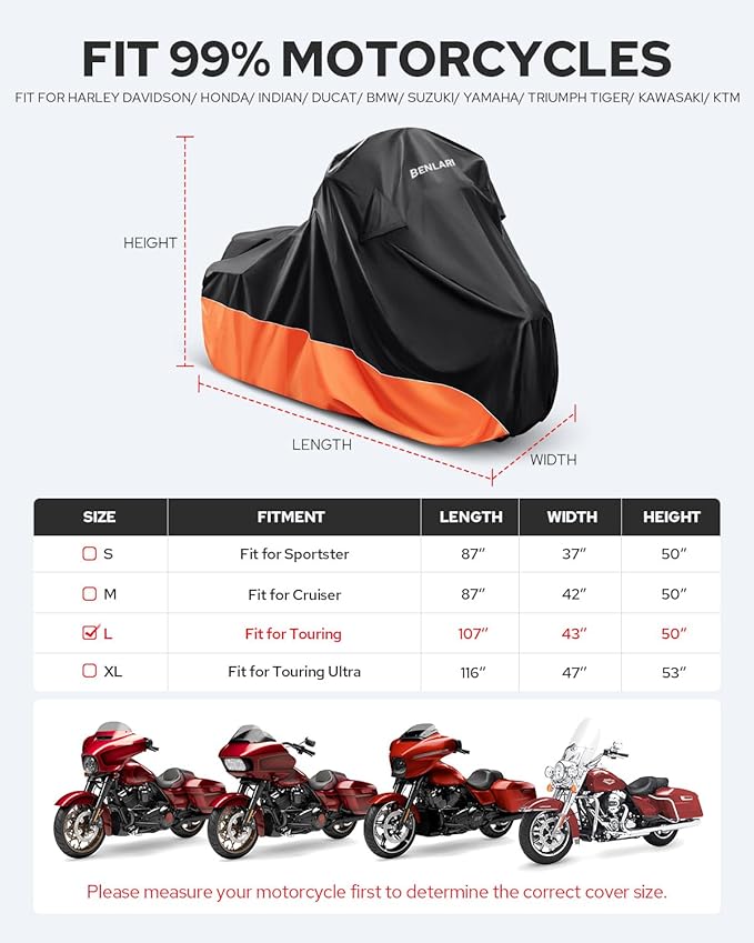 Benlari Upgraded Waterproof Motorcycle Cover with Side Box Compatible with Harley Davidson Touring Models Street Glide/Road Glide/Electra Glide/Honda, Outdoor All Weather Protection (107" x 43" x 50")